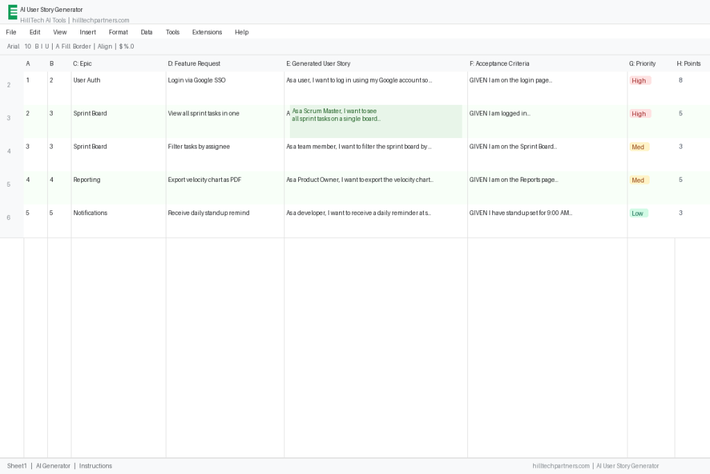 AI User Story Generator - Google Sheets Template Preview
