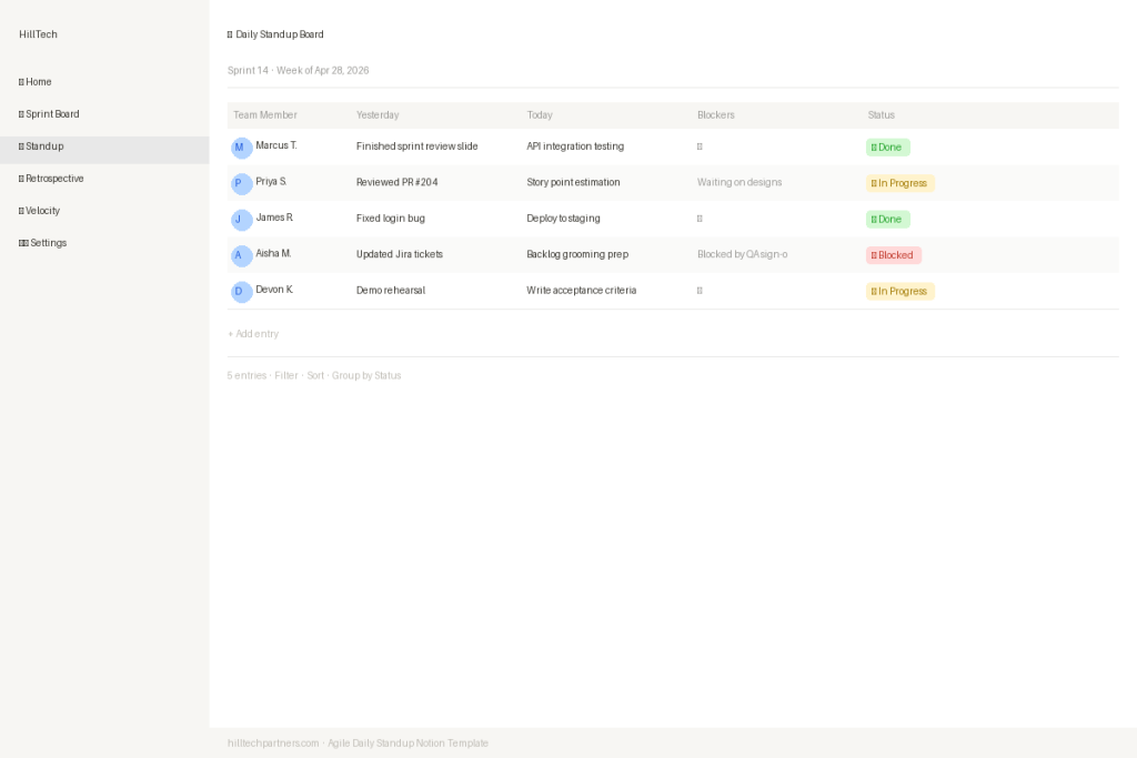 Agile Daily Standup Notion Template Preview